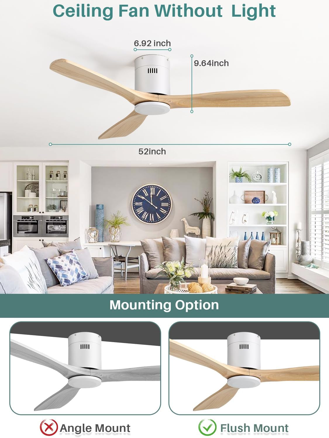 52 Inch Solid Wood Ceiling Fan without Lights Flush Mount Ceiling Fans with Remote Control-Wood Blades Modern Outdoor Ceiling Fan No Light for Bedroom/Farmhouse/Patio/Indoor,Natural Wood White