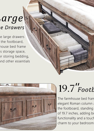 Farmhouse King Size Bed Frame with 51-Inch Tall Headboard, Wood Platform Design Featuring 20-Inch Roman Column Footboard and Three Spacious Storage Drawers, No Box Spring Required (Light Brown)