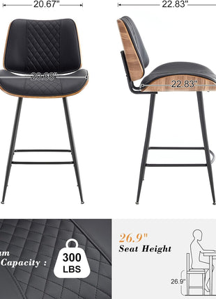 Set of 2 Modern Counter Height Barstools, 26.9" Armless Design with Metal Legs, Walnut Finish, PU Leather Bentwood Chairs for Home Counter, Kitchen Island, and Cafe (Black)