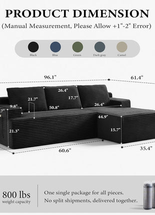 96-Inch Modern L-Shape Sectional Sofa with Chaise - Upholstered Boneless Couch for Living Room (Black, Right-Facing Chaise, 2 Seaters)