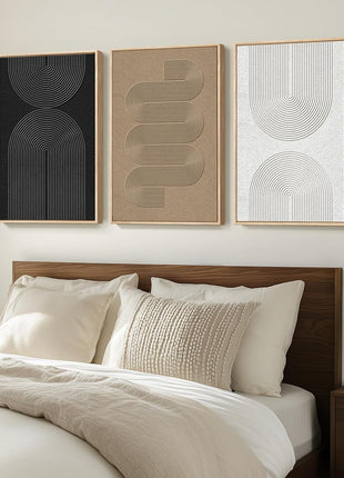 Large Framed Bohemian Modern Neutral Abstract Wall Art Set - 3-Piece Black and White Canvas Prints for Living Room, Office, Bedroom, and Dining Room Decor - 24x36 Inches