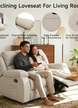 Reclining Loveseat Sofa in Beige Leather with Side Pocket for Living Room, RV, and Home Theater