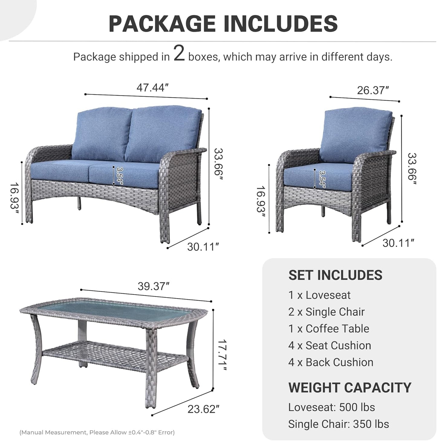 4 Pieces Patio Furniture Set, Outdoor Wicker Sofa with Coffee Table, Chairs, All Weather High Back Rattan Loveseat Couch with Comfy Cushions, Denim Blue