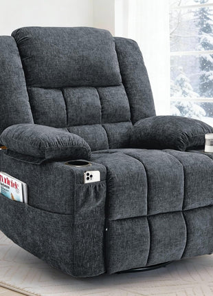 360° Swivel Rocker Recliner Chair for Adults with Massage and Heating Function, Nursery Glider Recliner Featuring Cup Holder, Manual Recliner for Living Room and Bedroom (Fabric, Dark Gray)