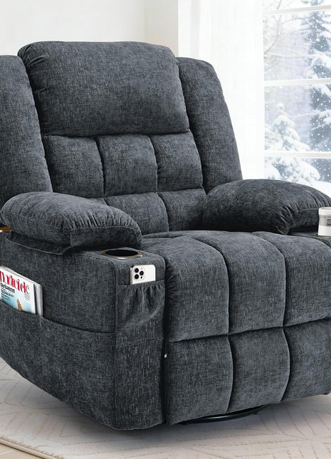 360° Swivel Rocker Recliner Chair for Adults with Massage and Heating Function, Nursery Glider Recliner Featuring Cup Holder, Manual Recliner for Living Room and Bedroom (Fabric, Dark Gray)
