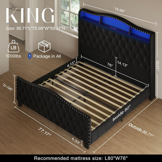 King Size Bed Frame and Headboard, 50.9" Velvet Upholstered Wingback Bedframe with LED Lights & Storage/Charging Station, Button Tufted Tall Footboard, No Box Spring Needed, Noise-Free, Black