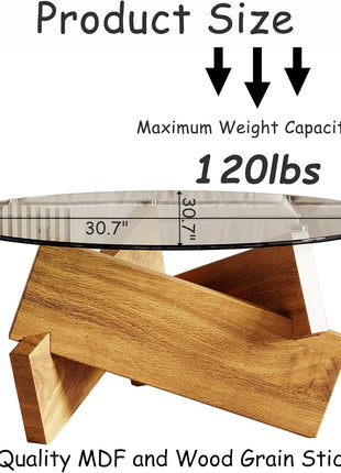 Contemporary Round Coffee Table with Tempered Glass Top and Natural Wood Finish, 30.7" x 30.7" x 16.1" for Living Room