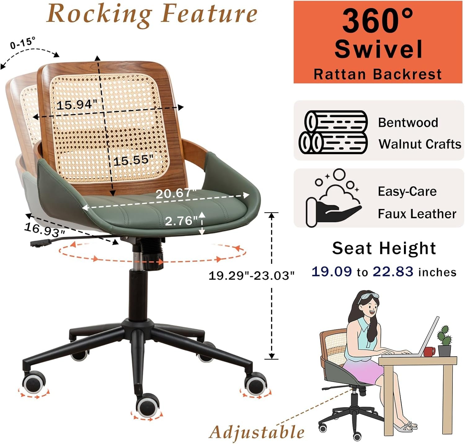 Home Office Desk Chair with Ergonomic Rattan Backrest, Walnut Crafts, Curved Arms, Faux Leather, Caster Wheels, Height Adjustable, Computer Chair for Desk Work, Executive Task, Conference Room - Green