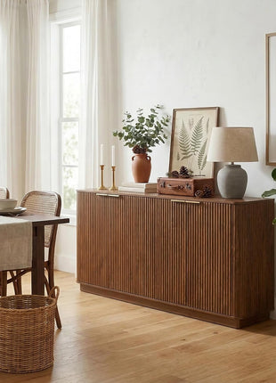 63-Inch Modern Sideboard Buffet Cabinet with Adjustable Shelves, 4-Door Storage Solution for Dining Room, Kitchen, and Entryway in Walnut Finish
