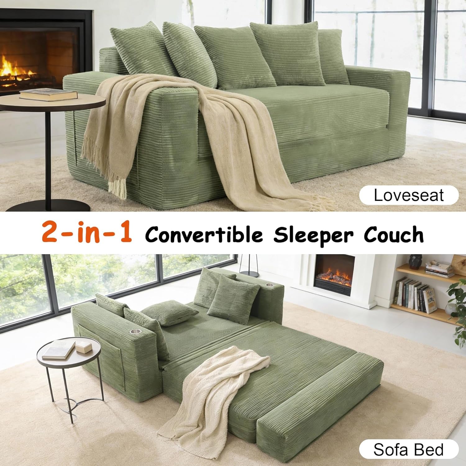 76" Convertible Sofa Bed, 2-In-1 Boneless Sleeper Sofa with Cup Holder & Pocket, Corduroy Pull Out Couch with 5 Pillows, Couch Bed for Living Room, Small Spaces, Bedroom, No Assembly