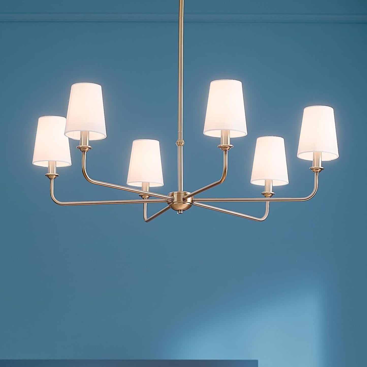 Pallas 6-Light Chandelier in Brushed Natural Brass, Classic Ceiling Light Fixture with Optional Linen Tapered Shades for Foyer, Living Room, or Dining Room, (32.25" W X 13.75" H), 52516BNB