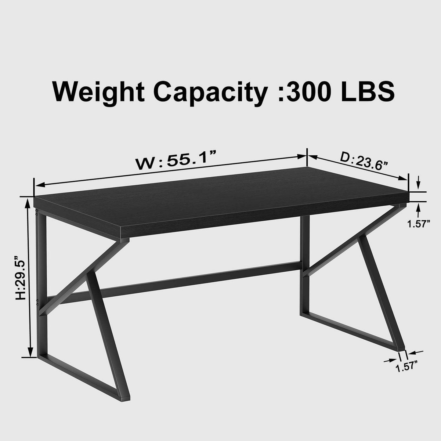 Black Desk, Modern Industrial Home Office Computer Desk, Laptop PC Desk for Student Work Writing Study Gaming, Simple Metal and Wooden Computer Table in Bedroom Living Room Workstation, 55 Inch