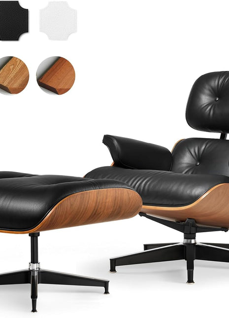 Mid-Century Modern Top Grain Leather Chaise Lounge Chair with Ottoman - Timeless Design and Robust Base Support for Living Room, Walnut Finish