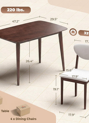 5-Piece Mid-Century Modern Dining Set for Four with Upholstered Seats and Backrests, Solid Wood Frame, Perfect for Compact Spaces, Cream White