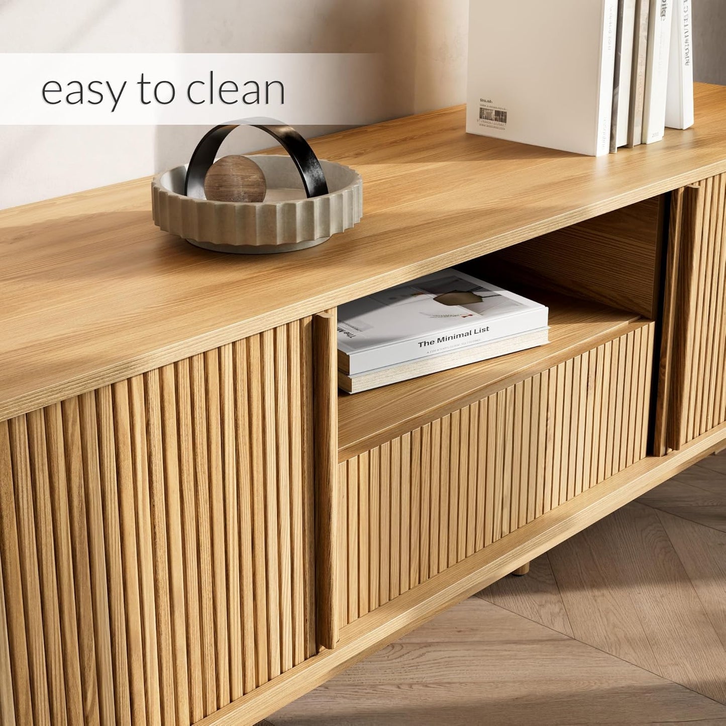 Modern TV Stand for 45/55/70 Inch TV, Entertainment Center with Sliding Doors and Storage, Wood TV Stand for Bedroom, Living Room, Natural