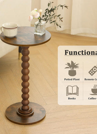 Compact Modern Round Side Table with Solid Wood Legs for Living Room, Bedroom, and Office in Rustic Brown
