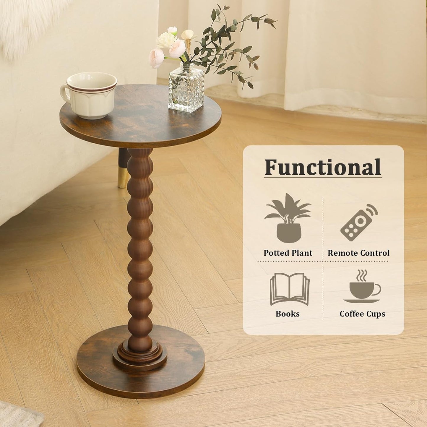 Round Side Table, Small Drink Table for Small Spaces, Modern Accent Nightstand with Solid Wood Leg for Living Room, Bedroom, Corners, and Office (Rustic Brown)