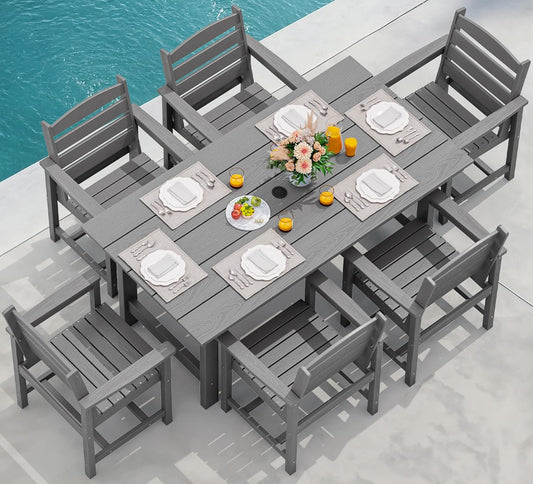 Outdoor HDPE Dining Table Set, 7-Piece Outdoor Dining Table Sets with Umbrella Hole Cut-Out Table and 6 Chairs, Gray