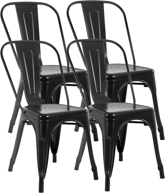| Metal Dining Chairs | Set of 4 | Black | Stackable Tolix Side Chairs with Backrest | Scratch-Resistant | Non-Slip Feet | Indoor/Outdoor Use | 330 Lbs Capacity | for Kitchen & Restaurant