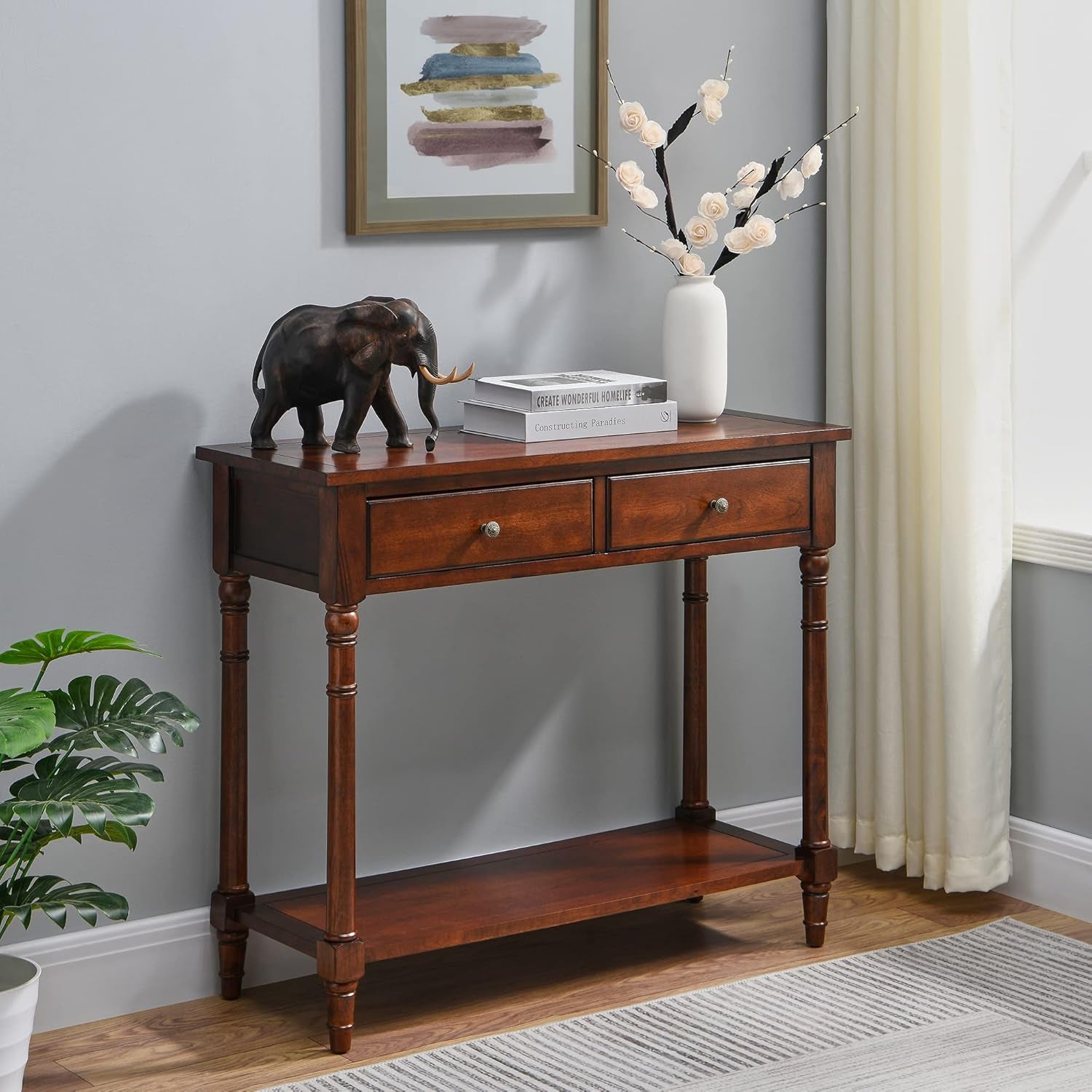 Solid Wood Console Table with 2 Drawers, 2-Tier 35.4" X 30" Accent Sofa Table with Multilayer Storage Shelf Rustic Hall Entryway Tables for Living Room Home Office-Brown