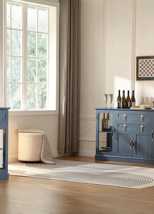 58.27" Contemporary Farmhouse Buffet Cabinet with Dual Drawers, LED Illumination, Adjustable Shelving, and Spacious Glass Door, Blue Finish with Gold Accents