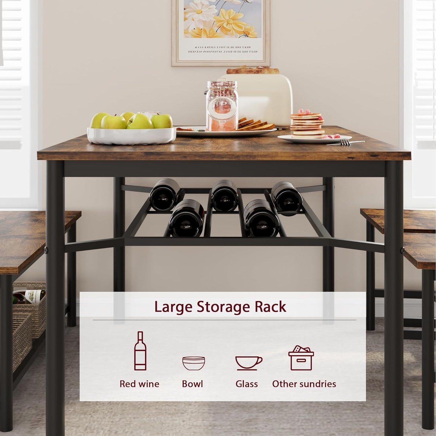 Dining Table Set for 4 with Bench and Chairs, 4-Piece Kitchen Table Set with Storage – Space-Saving Dining Table for Apartments and Dining Rooms, Brown