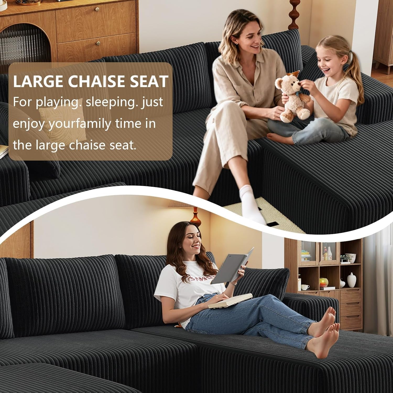 96" U-Shape Cloud Couch, Modern Modular Sectional L-Shape Sofa with Ottoman, Corduroy Upholstered Couches Deep Seat Sleeper Chaise Longue for Living Room, No Assembly Required(Black, Right Facing)