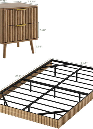 3-Piece Queen Bedroom Set with Floating Bed Frame, Smart LED Lighting, and Two Nightstands in Fluted Walnut Finish
