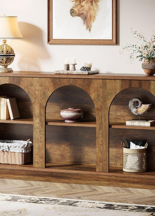 63-Inch Wooden Farmhouse Console Table with 3-Tier Storage for Hallway, Living Room, and Behind Couch in Brown