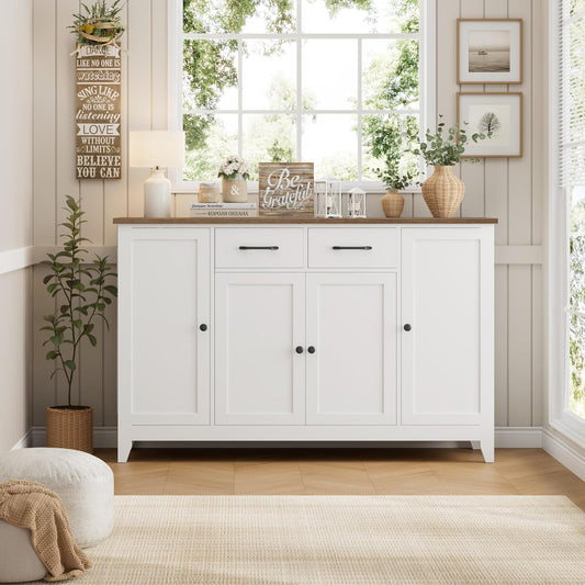 55" Buffet Cabinet with Storage, Kitchen Buffet Sideboard with Drawers, Large Storage Cabinet with Doors and Shelves, Modern Farmhouse Coffee Bar for Kitchen, Dining Room, Living Room, White