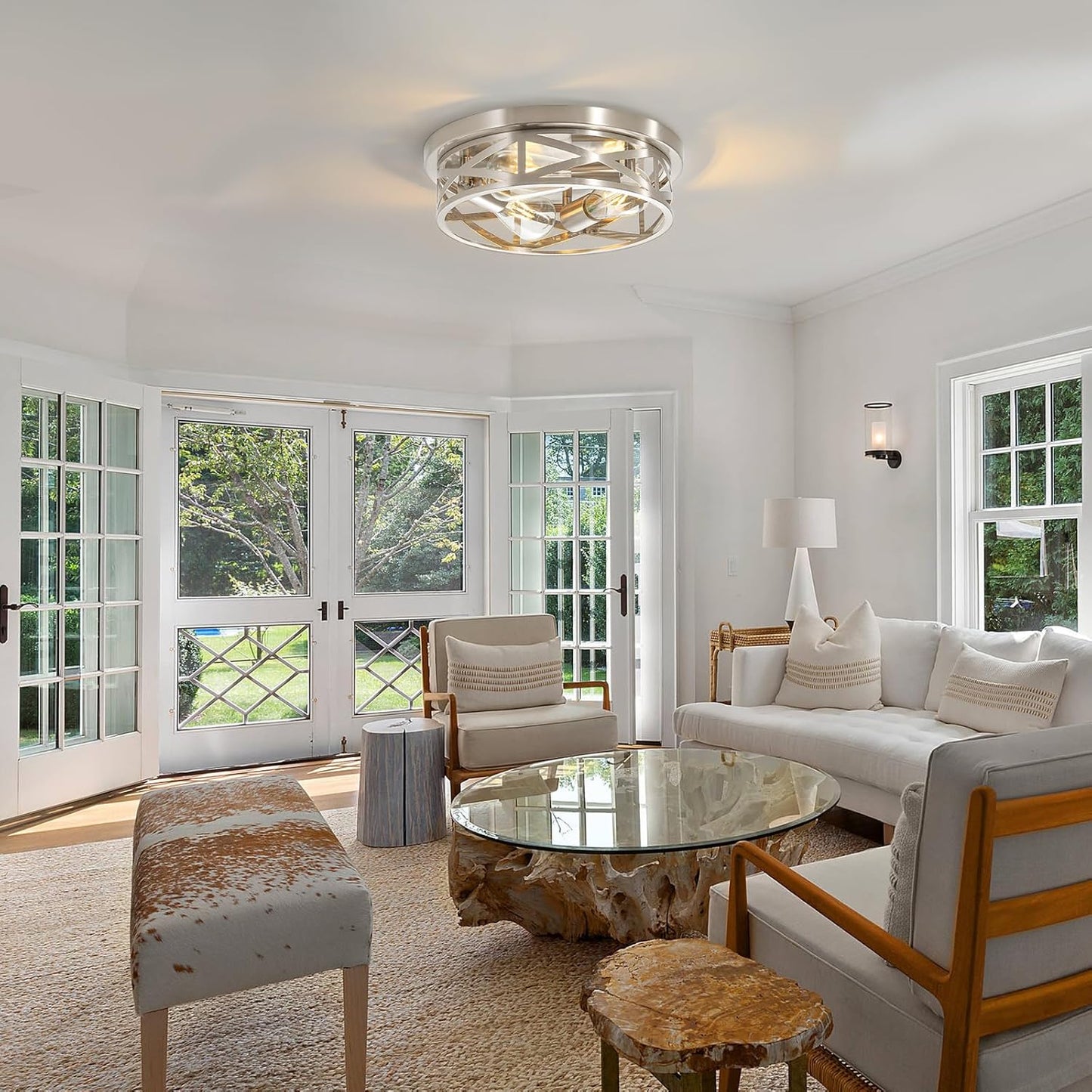 3-Light Close to Ceiling Light Fixtures, 13 Inch Brushed Nickle Flush Mount Ceiling Light Modern Indoor Metal Cage Cross Ceiling Lights for Kitchen Bedroom Laundry Bathroom Foyer Hallway Office