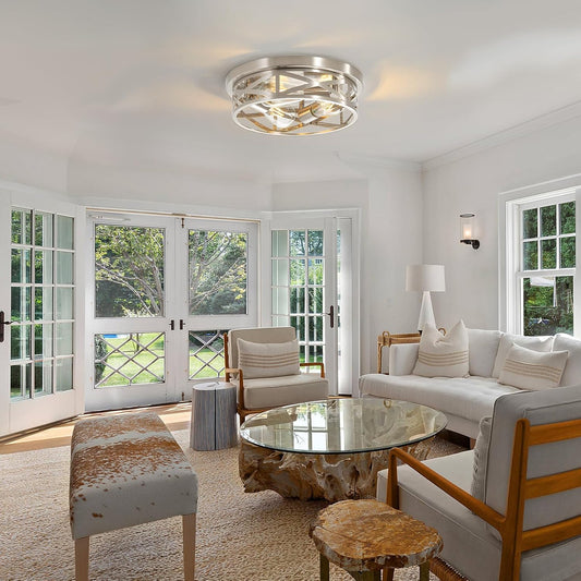 3-Light Close to Ceiling Light Fixtures, 13 Inch Brushed Nickle Flush Mount Ceiling Light Modern Indoor Metal Cage Cross Ceiling Lights for Kitchen Bedroom Laundry Bathroom Foyer Hallway Office