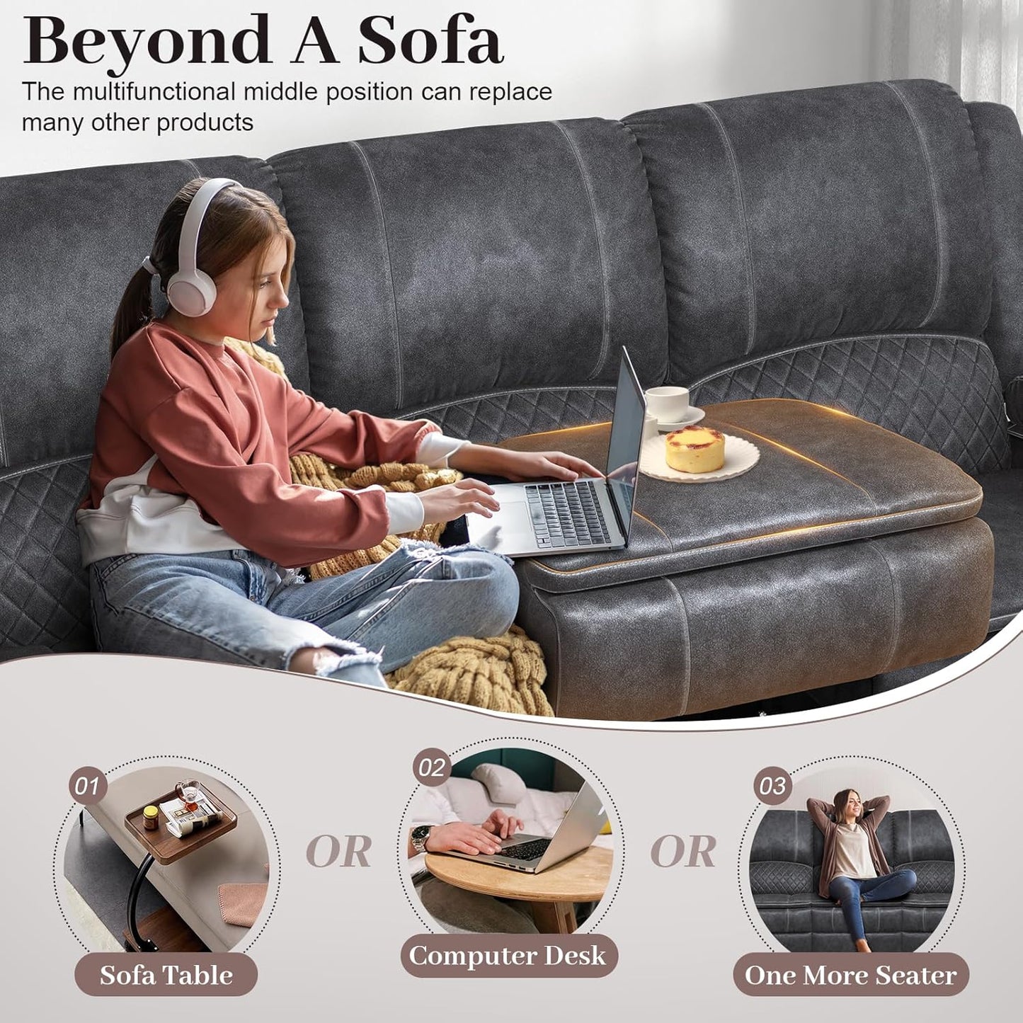 3-Seater Recliner Sofa, Manual Reclining Couch with Multi-Functional Middle Seat, Reclining Sofa for Living Room with Hidden Storage Space, Cup Holders, and Removable Console - Velvet Grey