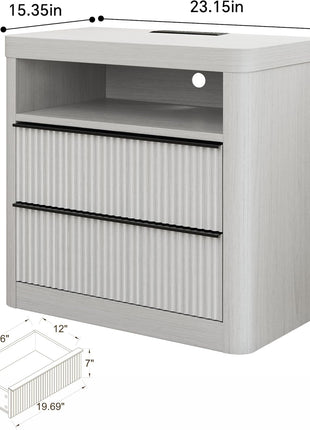 Set of 2 Fluted Nightstands with Drawer Storage, Modern Bedside Tables with USB Port and Outlet, Mid-Century Design for Bedroom and Sofa (White Oak)
