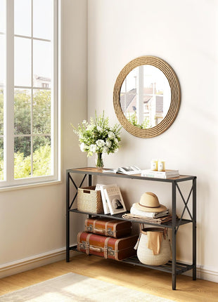 Industrial 3-Tier Console Table for Entryway, Hallway, and Living Room in Rustic Brown and Black Finish