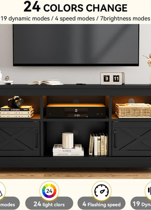 65-Inch Black Farmhouse TV Stand with LED Lighting and Integrated Power Outlet, Stylish Entertainment Center with Storage for Living Room