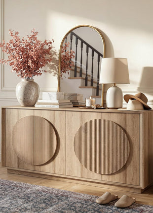 Contemporary Buffet Cabinet with Storage, Round Fluted Door Sideboard with Shelves, Wooden Modular Coffee Bar, Deep Beveled Design for Dining Room, Kitchen, Living Room, Entryway, 63" Natural Oak