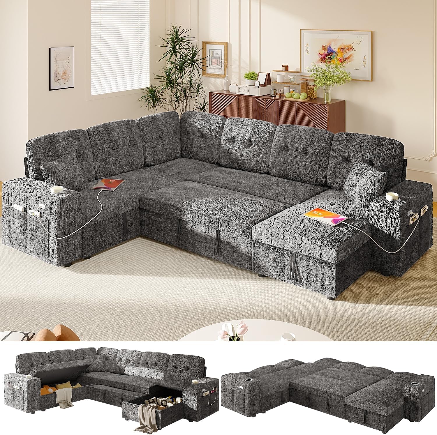 Modular Sectional Sleeper Sofa with Pull Out Bed, U Shaped 7 Seat Sectional Couches for Living Room, 108 Inch Sofa Bed with Adjustable Backrest | Hidden Storage | Wide Armrest | Grey