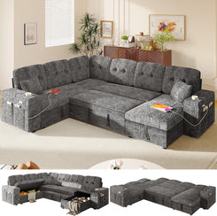 Modular Sectional Sleeper Sofa with Pull Out Bed, U Shaped 7 Seat Sectional Couches for Living Room, 108 Inch Sofa Bed with Adjustable Backrest | Hidden Storage | Wide Armrest | Grey