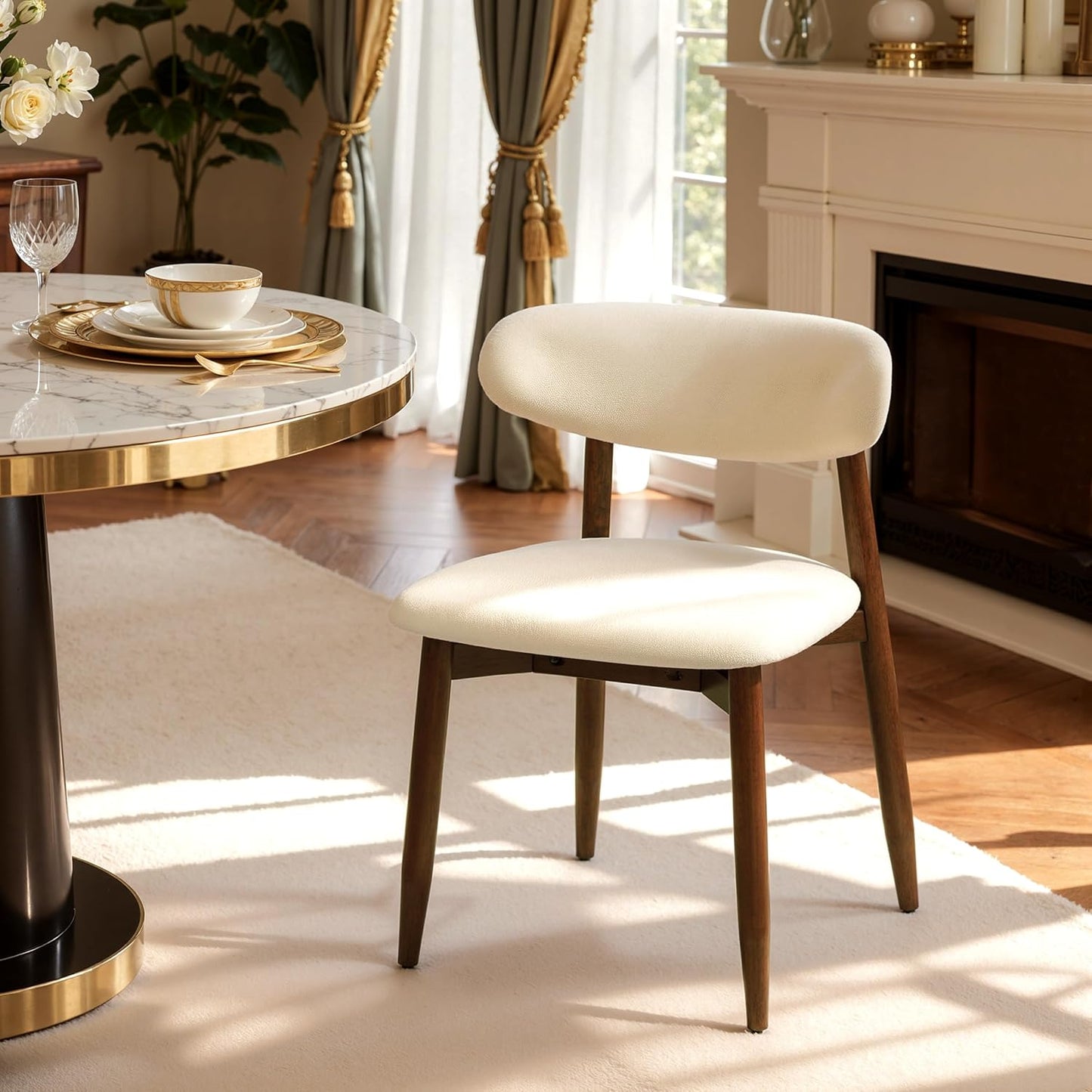 Dining Chairs Set of 4, Upholstered Wooden Dining Room Chairs, Mid Century Modern Fabric Kitchen Chair with Ergonomic Curved Backrest, Beige (Only Chairs)