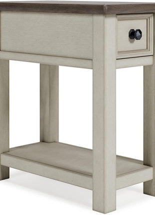 Bolanburg Chairside End Table with Charging Station by Signature Design by Ashley, Two-Tone Wood Accent Table with Drawer Storage and Plank Top in Antique White Finish for Living Room or Bedroom