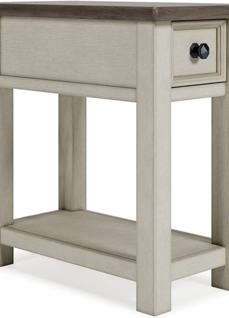 Bolanburg Chairside End Table with Charging Station by Signature Design by Ashley, Two-Tone Wood Accent Table with Drawer Storage and Plank Top in Antique White Finish for Living Room or Bedroom