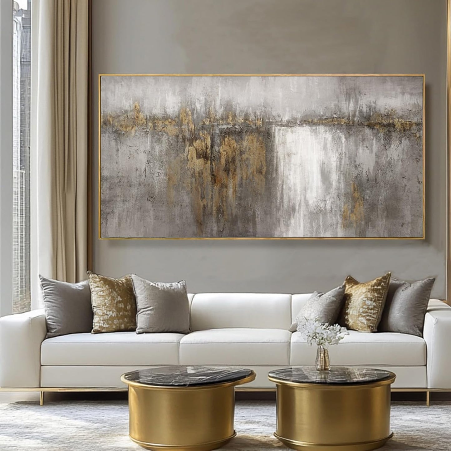 White and Gold Artwork for Walls Abstract Framed Poster Print 24"X48" Canvas Wall Art for Bedroom Neutral Artwork Decor for Office