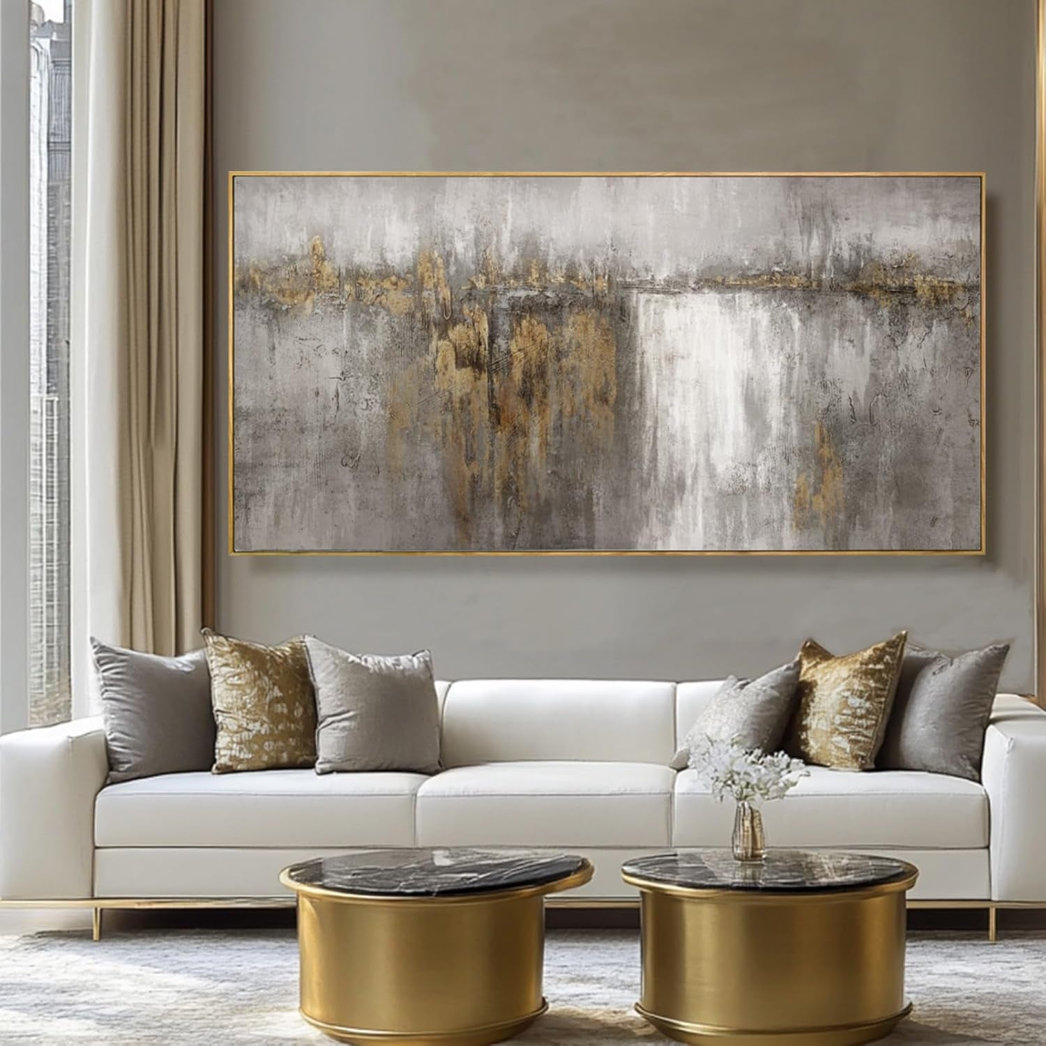 White and Gold Artwork for Walls Abstract Framed Poster Print 24"X48" Canvas Wall Art for Bedroom Neutral Artwork Decor for Office