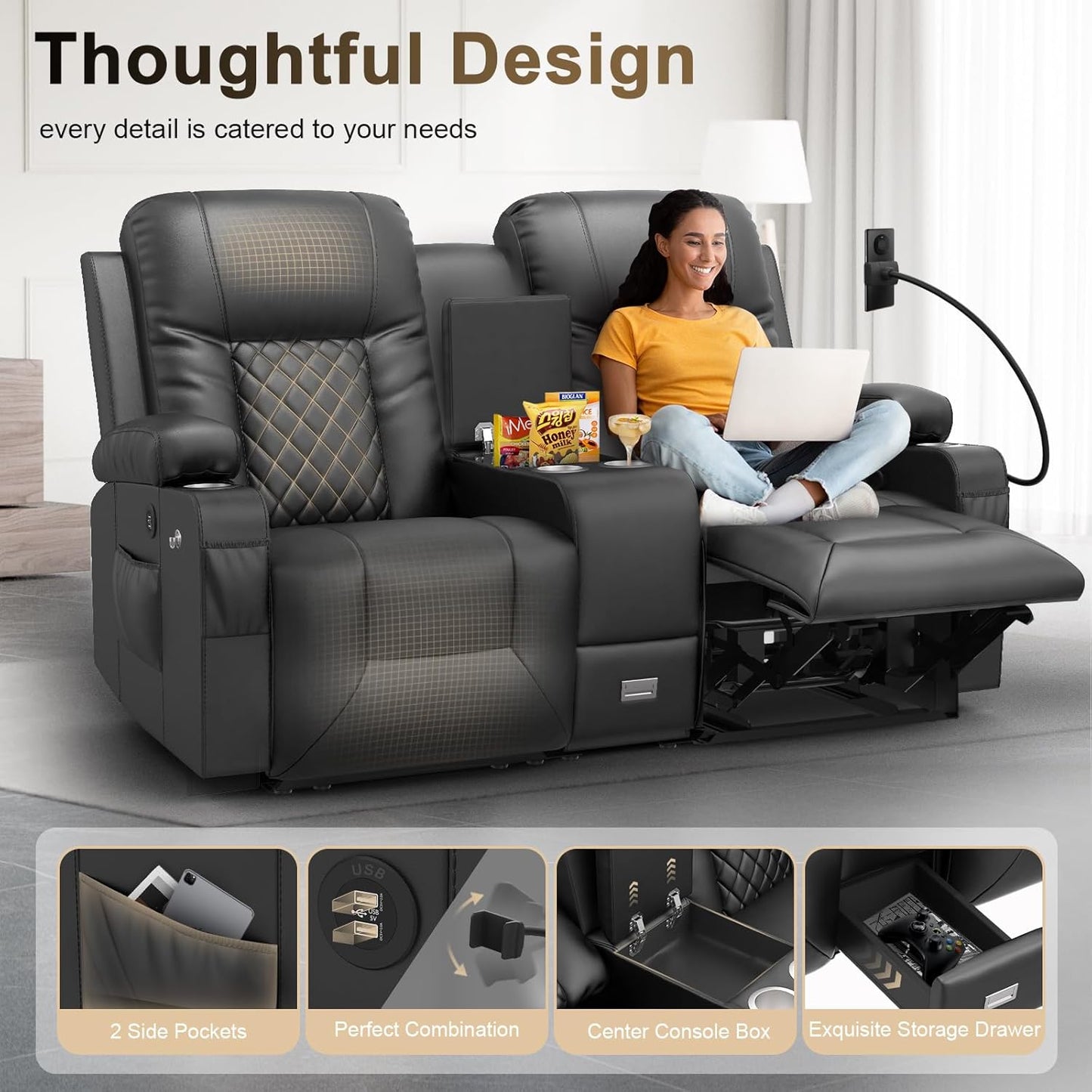 Large Loveseat Recliner, Loveseat Recliner Sofa with Storage Console, Recliner Chair with USB Ports, 2 Cell Phone Holders, Cup Holder, Loveseat Couch for Living Room