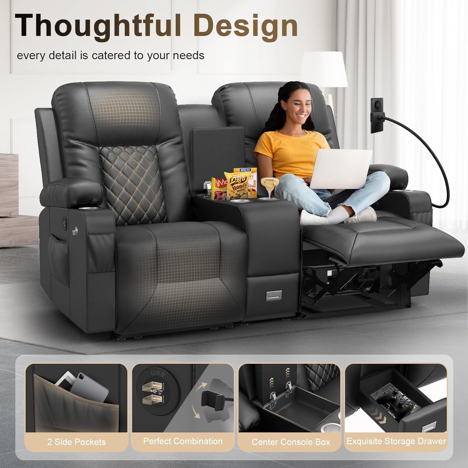 Large Loveseat Recliner, Loveseat Recliner Sofa with Storage Console, Recliner Chair with USB Ports, 2 Cell Phone Holders, Cup Holder, Loveseat Couch for Living Room