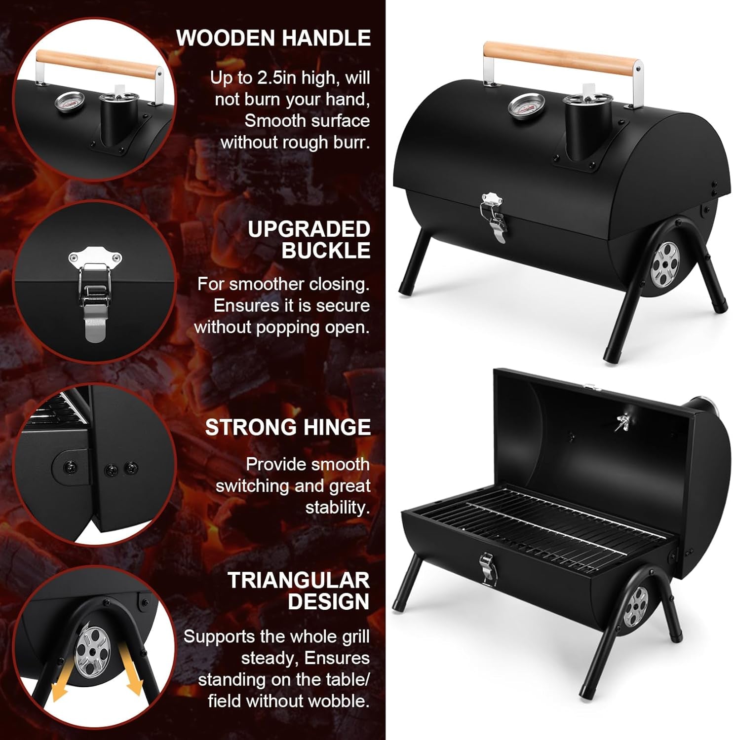 Portable Charcoal Grill with Thermometer, Small Tabletop Barbecue Grill for Outdoor Camping Backyard Party BBQ Cooking, Extra Thick Steel & Heavy Duty, Innovative Design & Easy Assembly