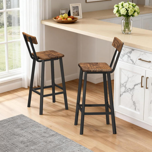 Bar Stools, Set of 2 Bar Chairs with Backrest and Footrest, 26" Breakfast Chairs, Counter Stools for Bar, Living Room, Kitchen, and Dining Room, Rustic Brown and Black BAHR05101