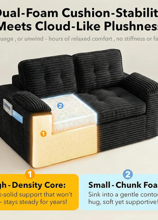 60-Inch Modern Boneless Loveseat Sofa with Removable Corduroy Cover and Armrests, Ideal for Small Spaces, Black