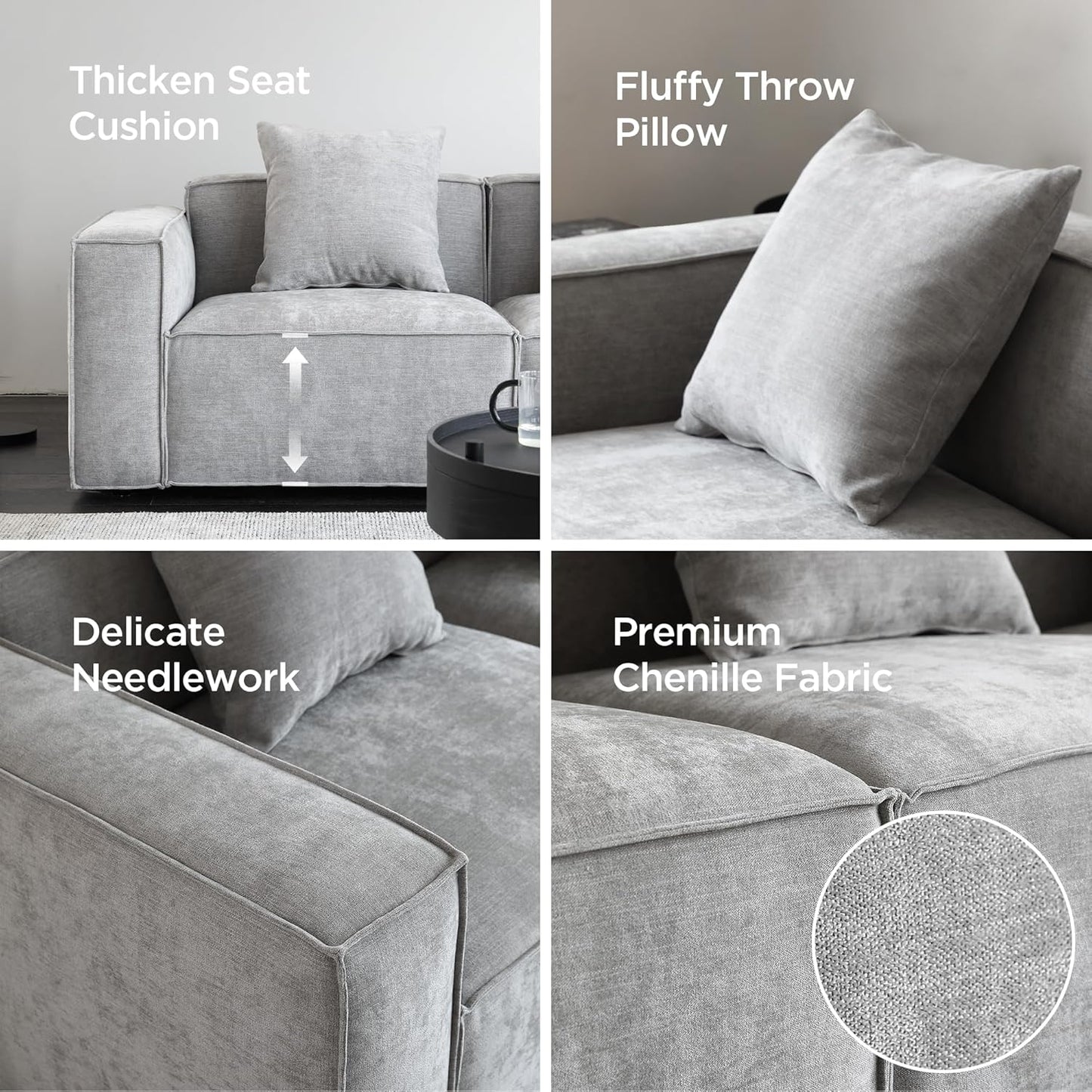 Luxury Modular Sectional Living Room Sofa Set, Modern Minimalist Style Couch with Ottoman and Chaise, L-Shape, Grey